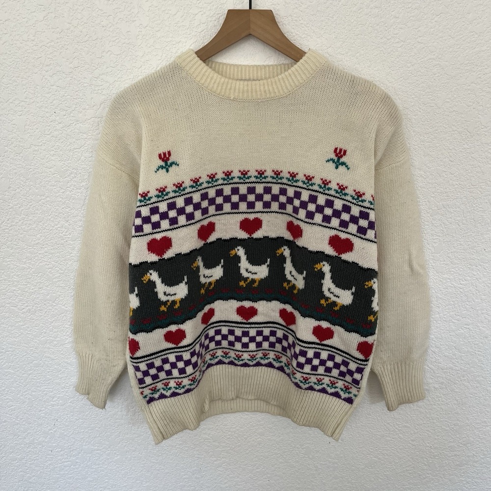 Vintage Adell Barre Cream Goose Heart Checkered Crewneck Sweater Cottagecore 90s